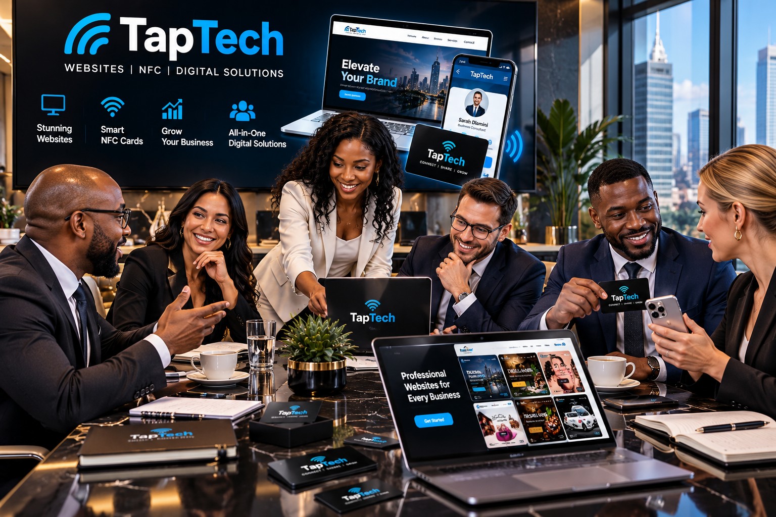 Mixed-race business team using TapTech digital solutions in a boardroom